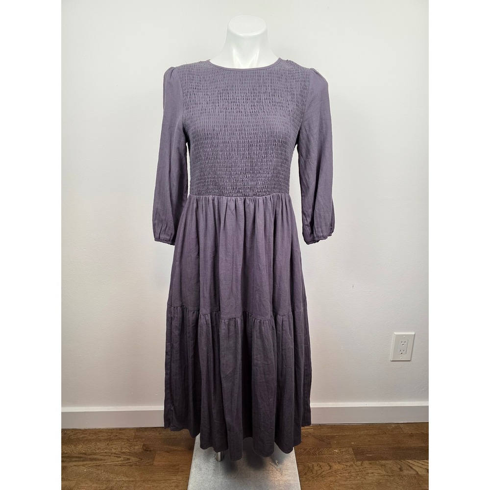 Neuflora Smocked Tiered Midi Dress Charcoal Gray Cotton 3/4 Sleeve Womens M
